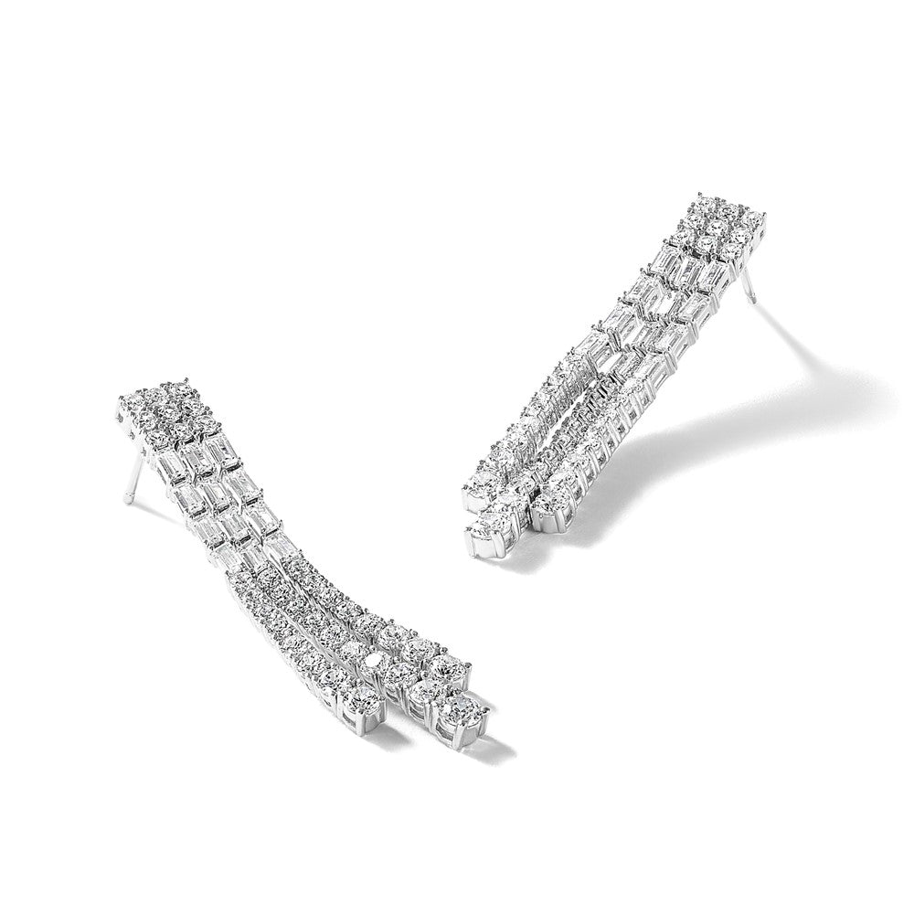 Sterling Silver Cheryl M Rh-Pltd Polished Fancy 3-Row CZ Post Dangle Earrings