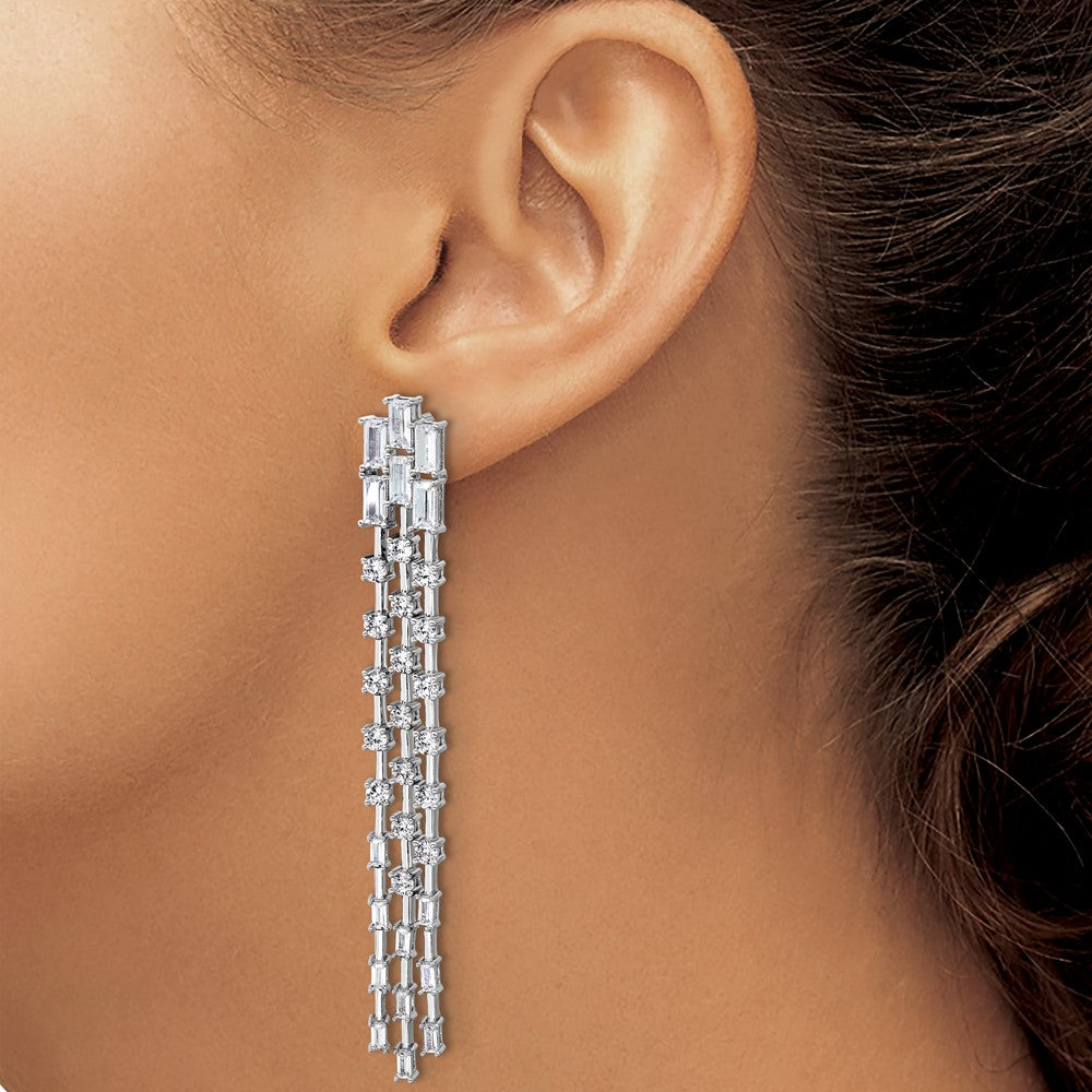 Sterling Silver Cheryl M Rh-Pltd Polished Fancy 3-Row CZ Post Dangle Earrings