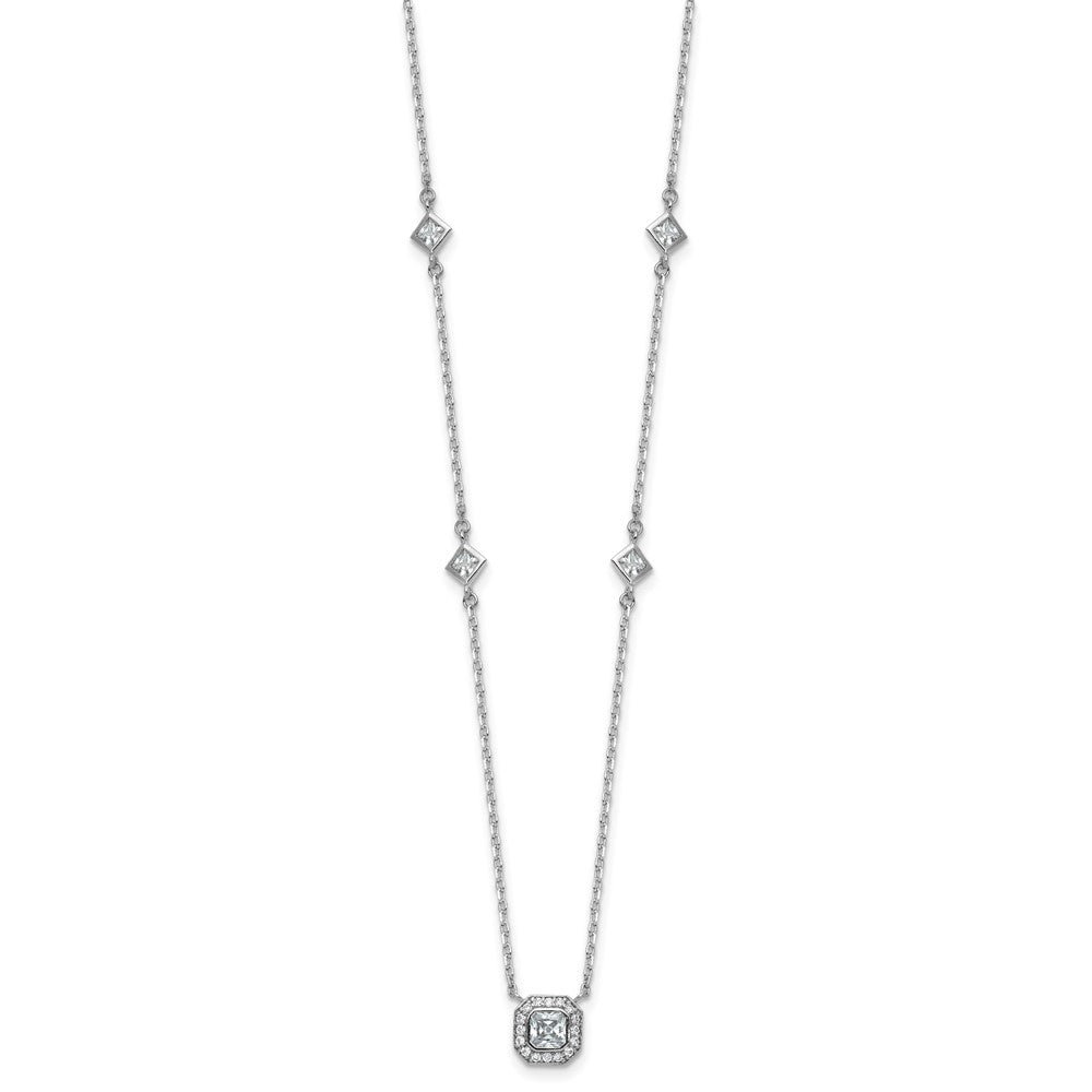 Sterling Silver Cheryl M Rh-Pltd Polished Fancy CZ Station W/ 2in Ext Necklace