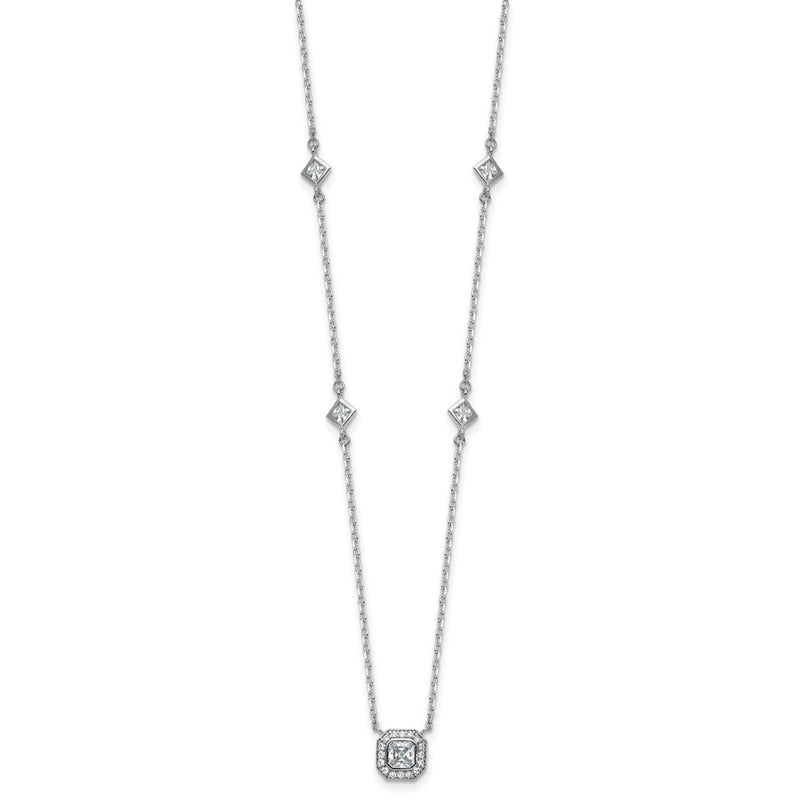 Sterling Silver Cheryl M Rh-Pltd Polished Fancy CZ Station W/ 2in Ext Necklace