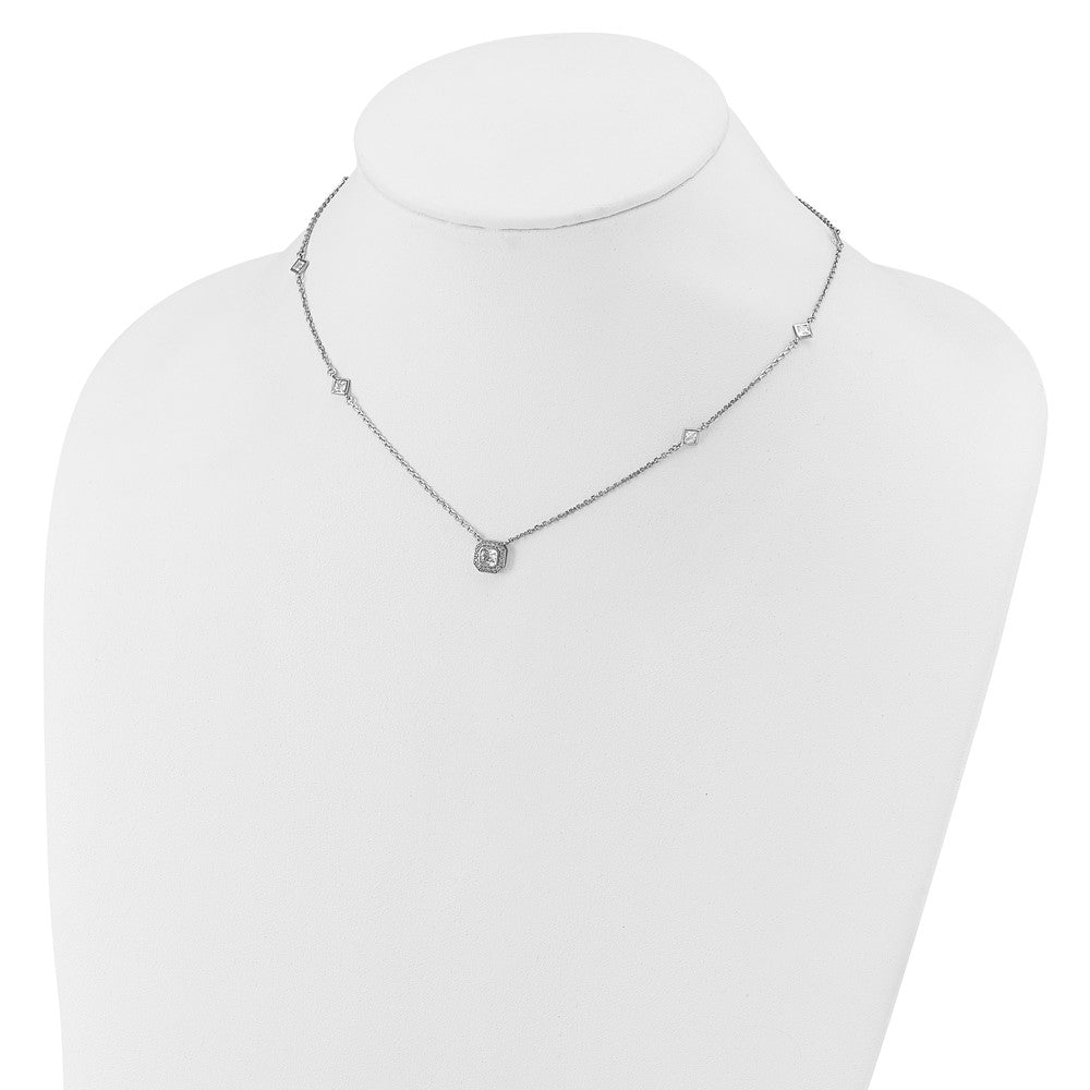 Sterling Silver Cheryl M Rh-Pltd Polished Fancy CZ Station W/ 2in Ext Necklace