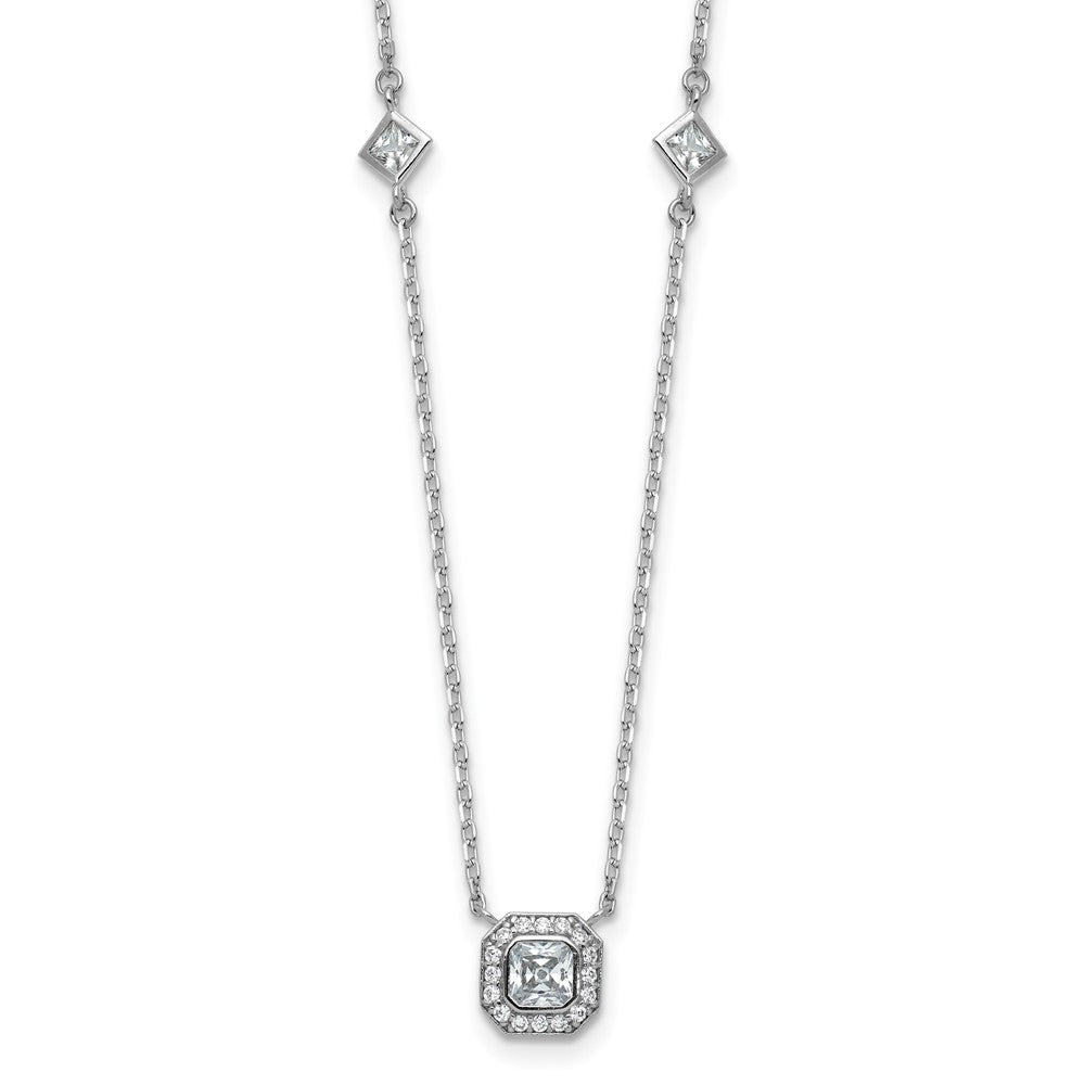 Sterling Silver Cheryl M Rh-Pltd Polished Fancy CZ Station W/ 2in Ext Necklace