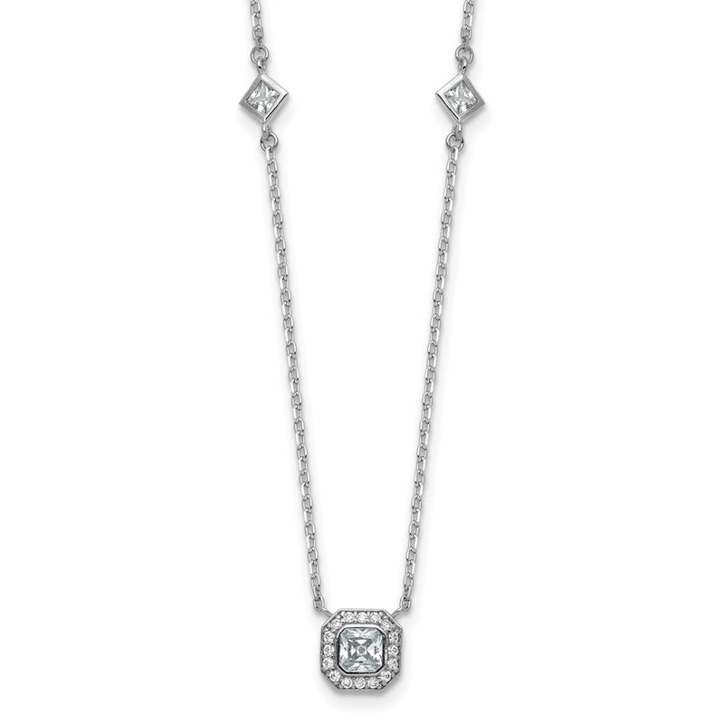 Sterling Silver Cheryl M Rh-Pltd Polished Fancy CZ Station W/ 2in Ext Necklace