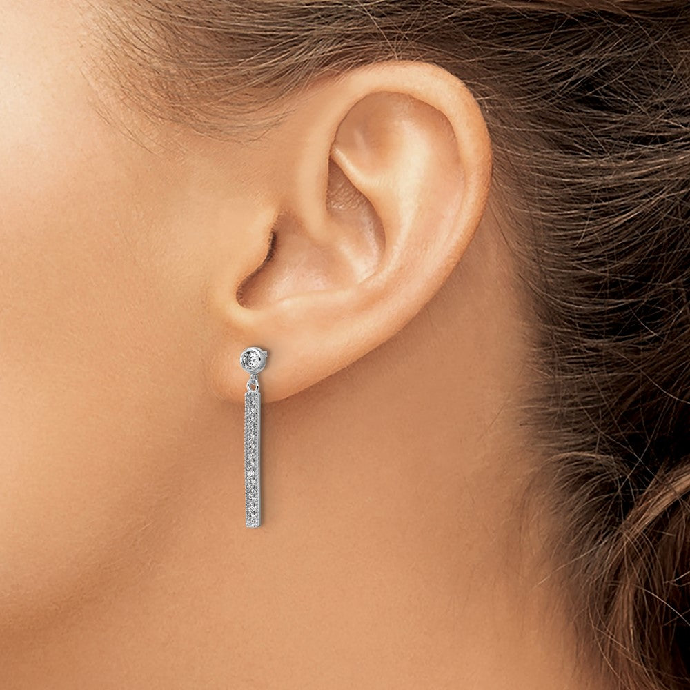 Sterling Silver Cheryl M Rhodium-Plated Polished CZ Bar Post Dangle Earrings