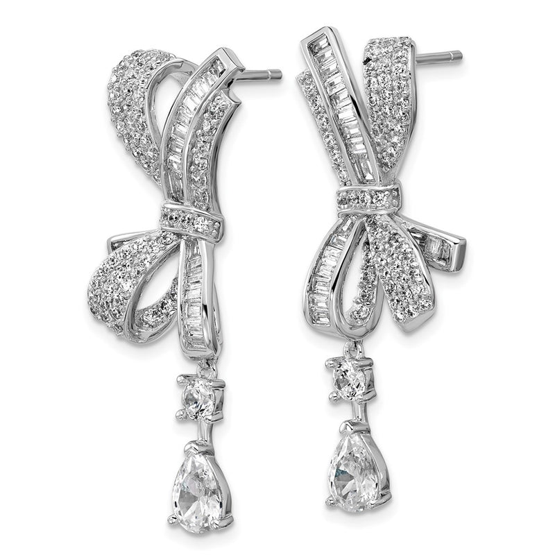 Sterling Silver Cheryl M Rhodium Plated Polished Fancy CZ Bow Post Dangle Earrings