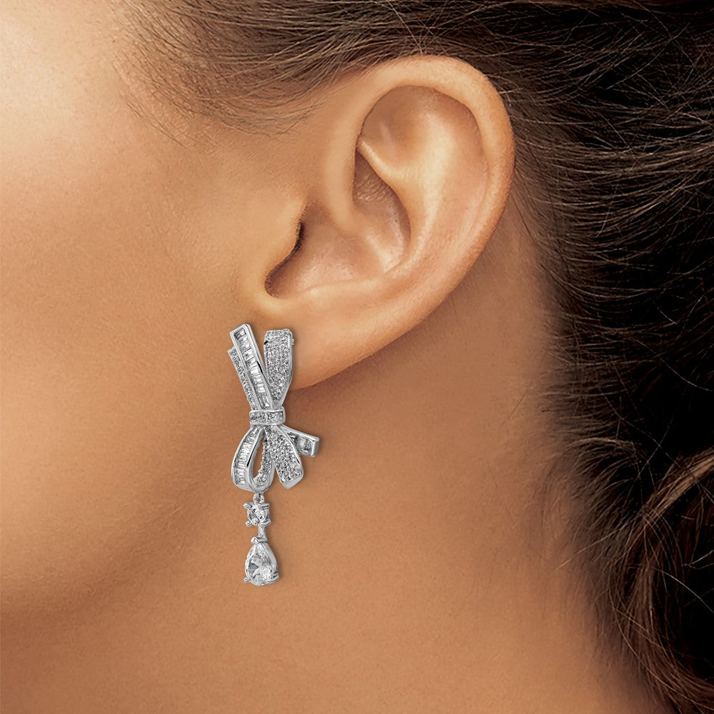 Sterling Silver Cheryl M Rhodium Plated Polished Fancy CZ Bow Post Dangle Earrings