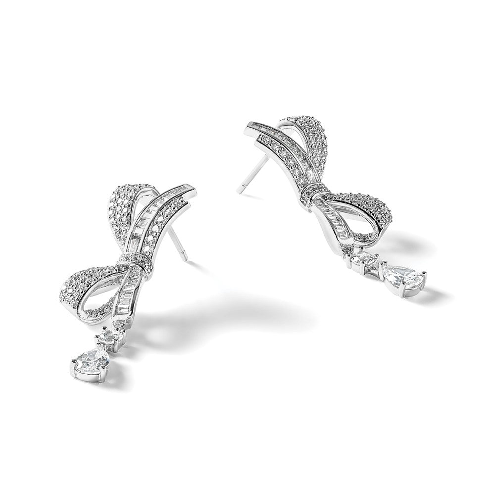 Sterling Silver Cheryl M Rhodium Plated Polished Fancy CZ Bow Post Dangle Earrings