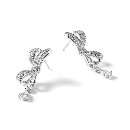 Sterling Silver Cheryl M Rhodium Plated Polished Fancy CZ Bow Post Dangle Earrings