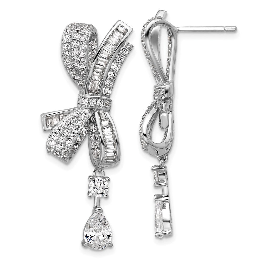 Sterling Silver Cheryl M Rhodium Plated Polished Fancy CZ Bow Post Dangle Earrings