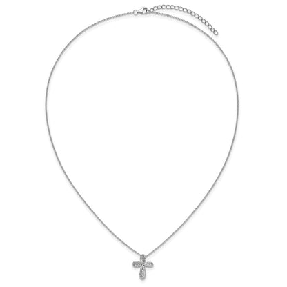 Sterling Silver Cheryl M Rhodium Plated Polished CZ Cross W/ 2in Ext Necklace