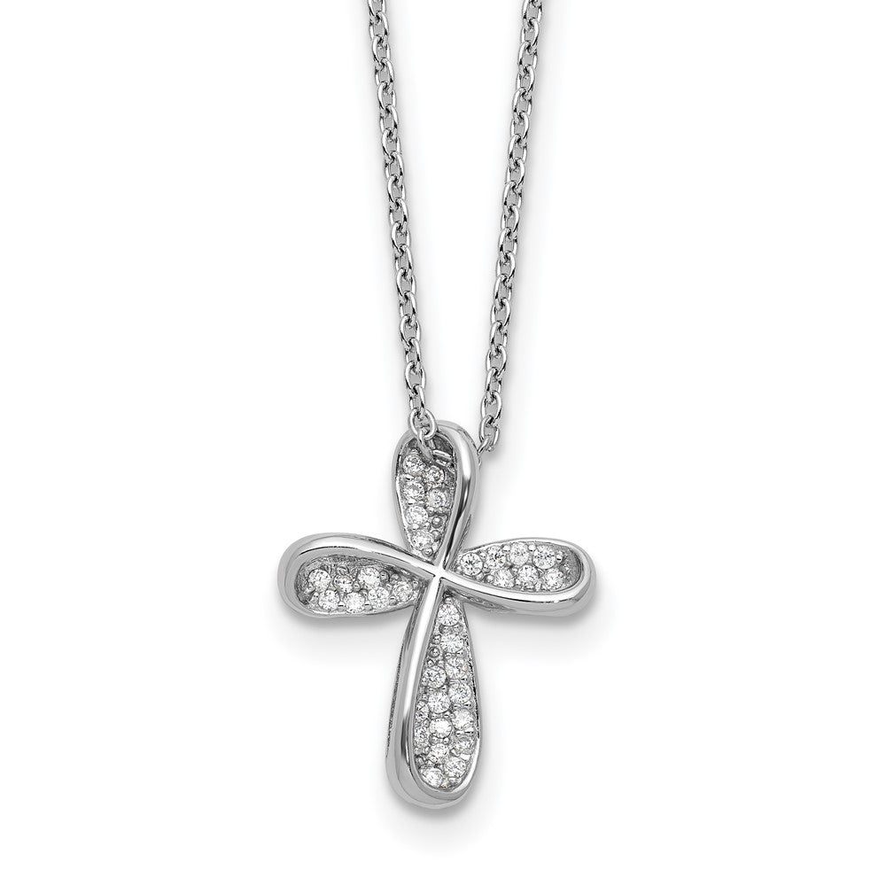 Sterling Silver Cheryl M Rhodium Plated Polished CZ Cross W/ 2in Ext Necklace