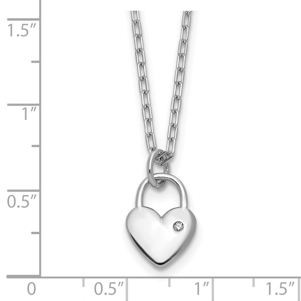 Sterling Silver Cheryl M Rhodium-Plated Polished CZ Heart Lock Necklace