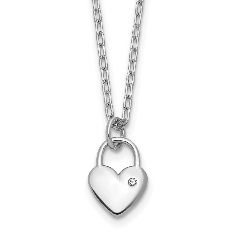 Sterling Silver Cheryl M Rhodium-Plated Polished CZ Heart Lock Necklace