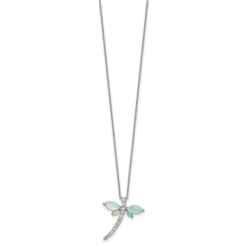 Sterling Silver Cheryl M Rhodium Plated Cr. Opal & CZ Dragonfly W/ 2in Ext Necklace
