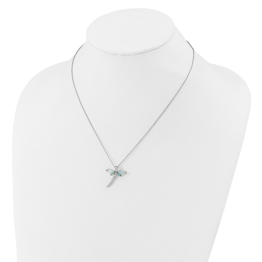 Sterling Silver Cheryl M Rhodium Plated Cr. Opal & CZ Dragonfly W/ 2in Ext Necklace