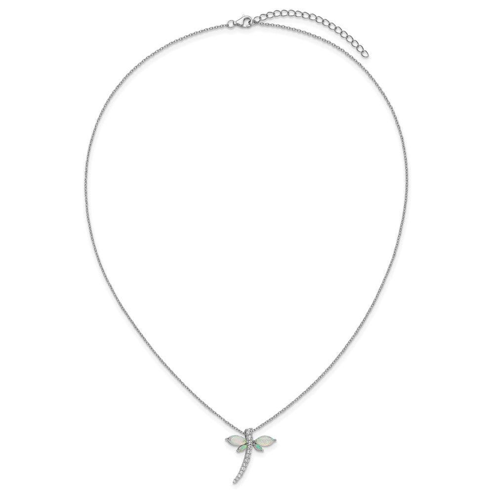Sterling Silver Cheryl M Rhodium Plated Cr. Opal & CZ Dragonfly W/ 2in Ext Necklace