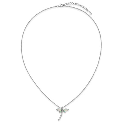 Sterling Silver Cheryl M Rhodium Plated Cr. Opal & CZ Dragonfly W/ 2in Ext Necklace
