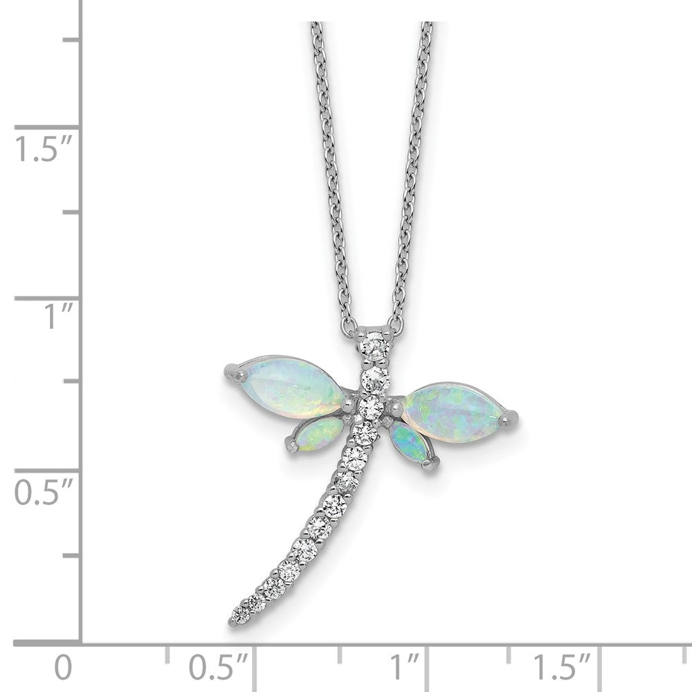 Sterling Silver Cheryl M Rhodium Plated Cr. Opal & CZ Dragonfly W/ 2in Ext Necklace