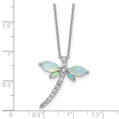 Sterling Silver Cheryl M Rhodium Plated Cr. Opal & CZ Dragonfly W/ 2in Ext Necklace