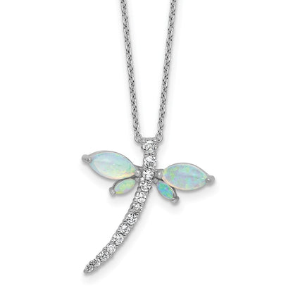 Sterling Silver Cheryl M Rhodium Plated Cr. Opal & CZ Dragonfly W/ 2in Ext Necklace