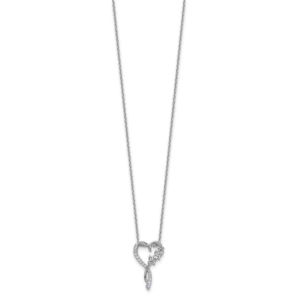 Sterling Silver Cheryl M Rhodium Plated CZ Butterflies Heart W/ 2in Ext Necklace