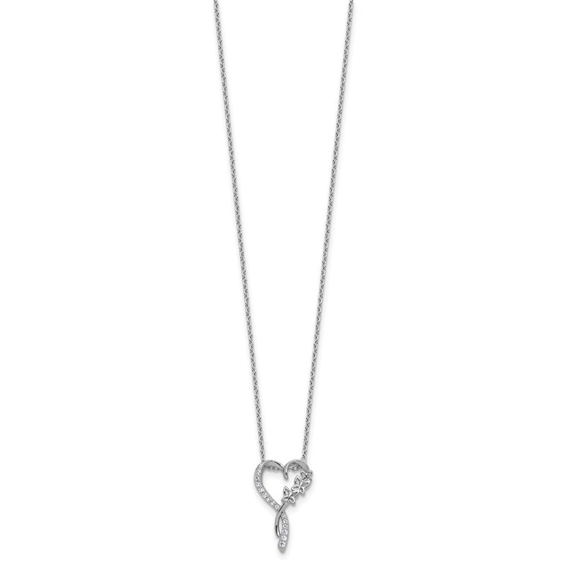 Sterling Silver Cheryl M Rhodium Plated CZ Butterflies Heart W/ 2in Ext Necklace