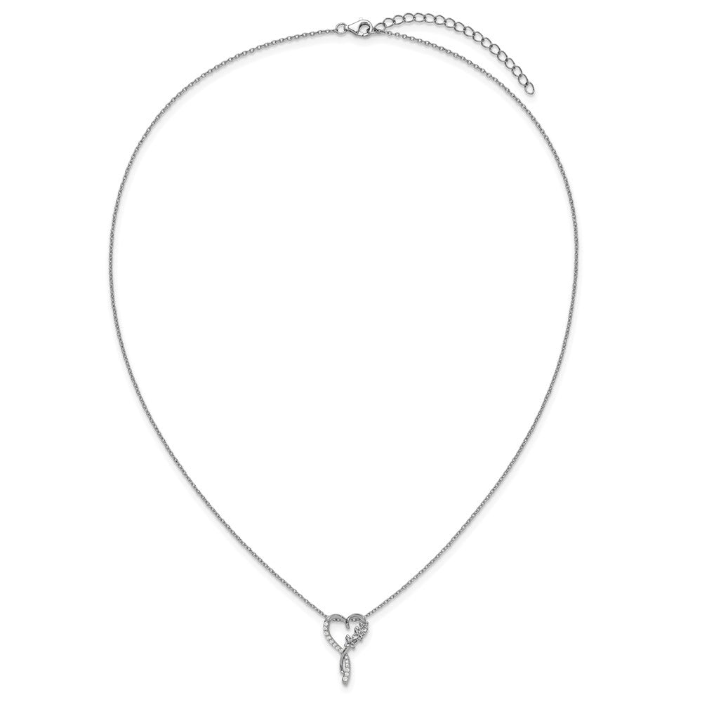 Sterling Silver Cheryl M Rhodium Plated CZ Butterflies Heart W/ 2in Ext Necklace