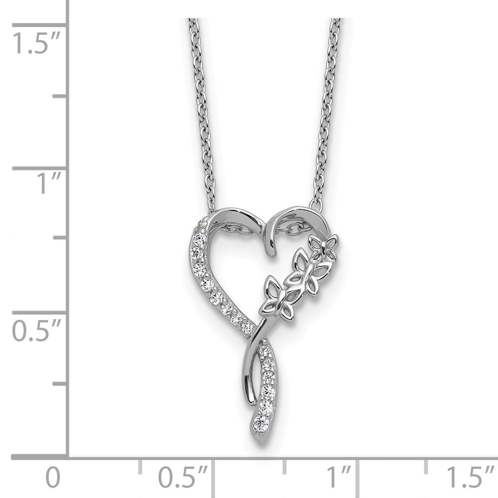 Sterling Silver Cheryl M Rhodium Plated CZ Butterflies Heart W/ 2in Ext Necklace