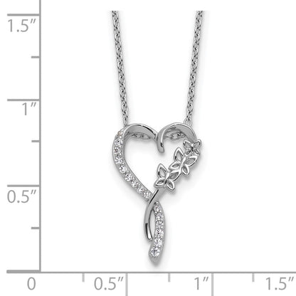 Sterling Silver Cheryl M Rhodium Plated CZ Butterflies Heart W/ 2in Ext Necklace