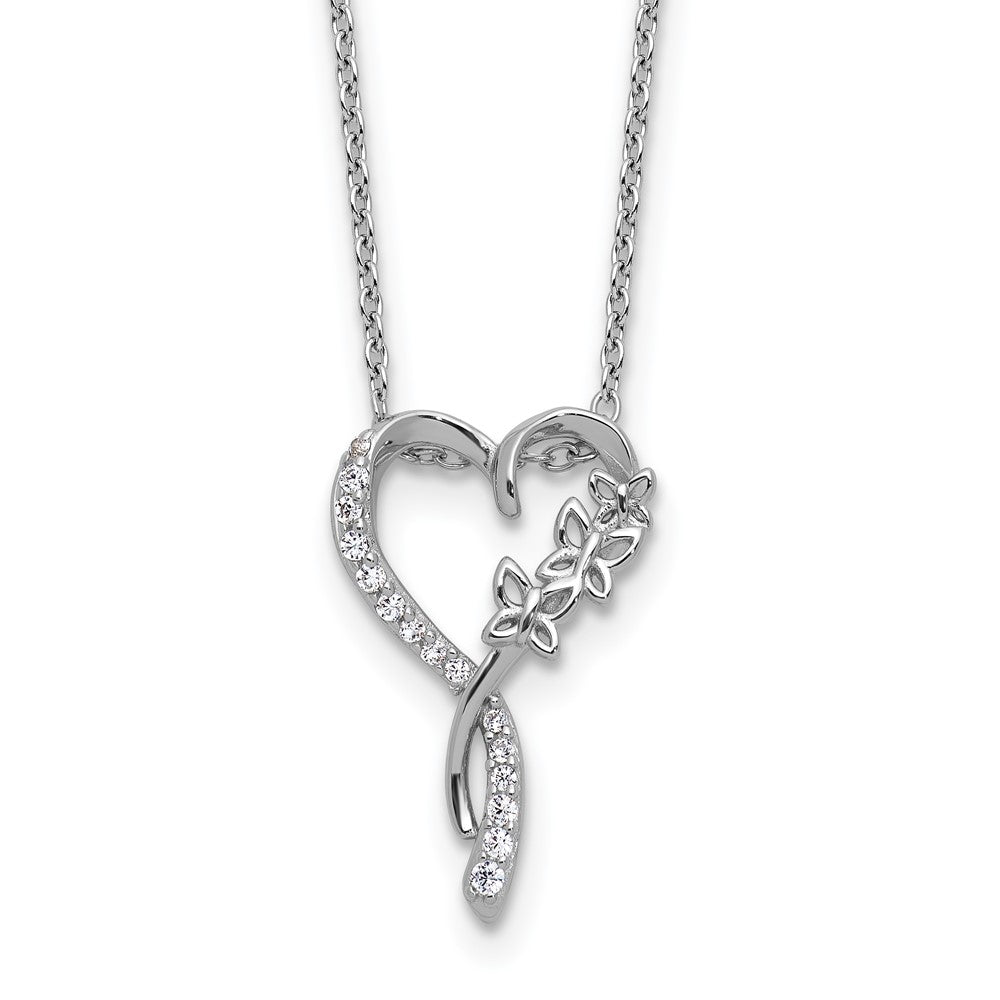 Sterling Silver Cheryl M Rhodium Plated CZ Butterflies Heart W/ 2in Ext Necklace