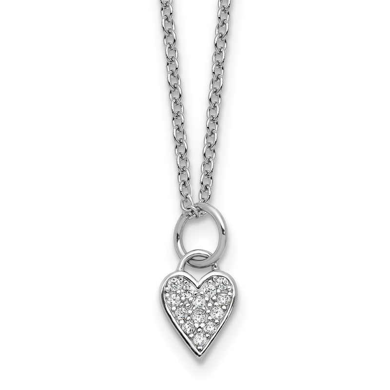 Sterling Silver Cheryl M Rhodium Plated Polished CZ Heart W/ 2in Ext Necklace