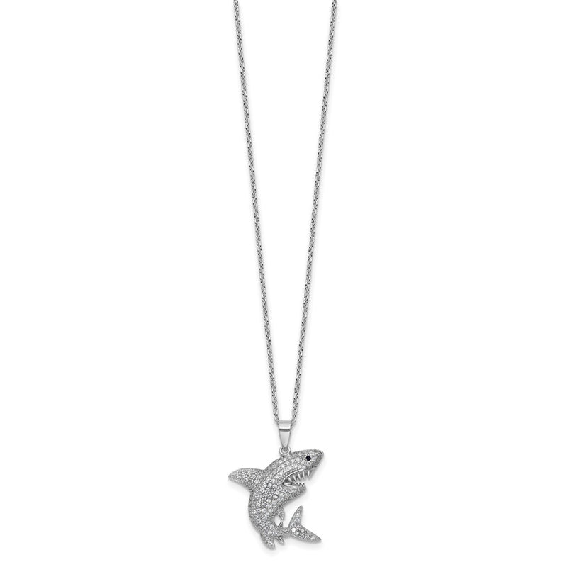 Sterling Silver Cheryl M Rhodium Plated Cr. Black Spinel CZ Shark W/ 2in Ext Necklace