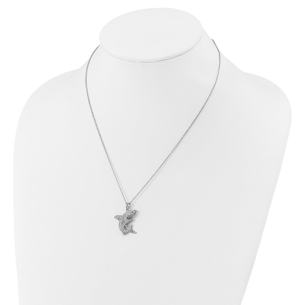 Sterling Silver Cheryl M Rhodium Plated Cr. Black Spinel CZ Shark W/ 2in Ext Necklace