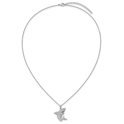 Sterling Silver Cheryl M Rhodium Plated Cr. Black Spinel CZ Shark W/ 2in Ext Necklace