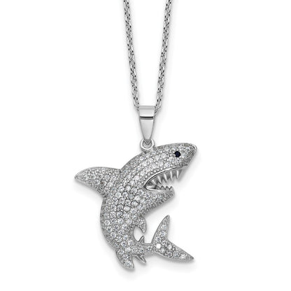 Sterling Silver Cheryl M Rhodium Plated Cr. Black Spinel CZ Shark W/ 2in Ext Necklace