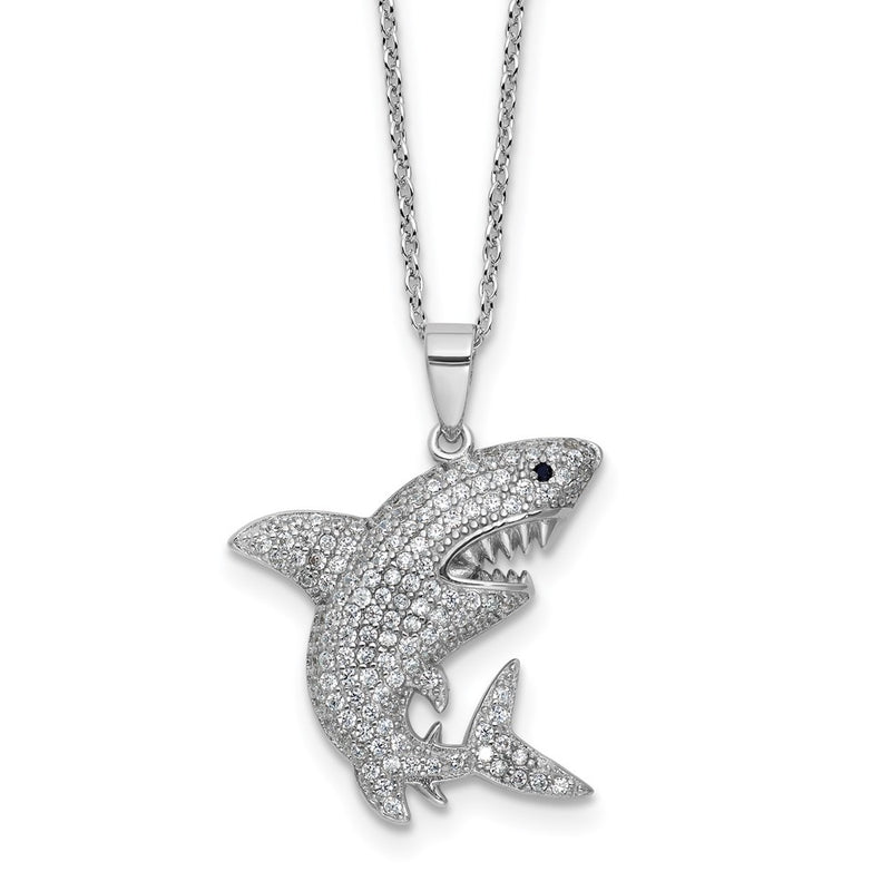 Sterling Silver Cheryl M Rhodium Plated Cr. Black Spinel CZ Shark W/ 2in Ext Necklace