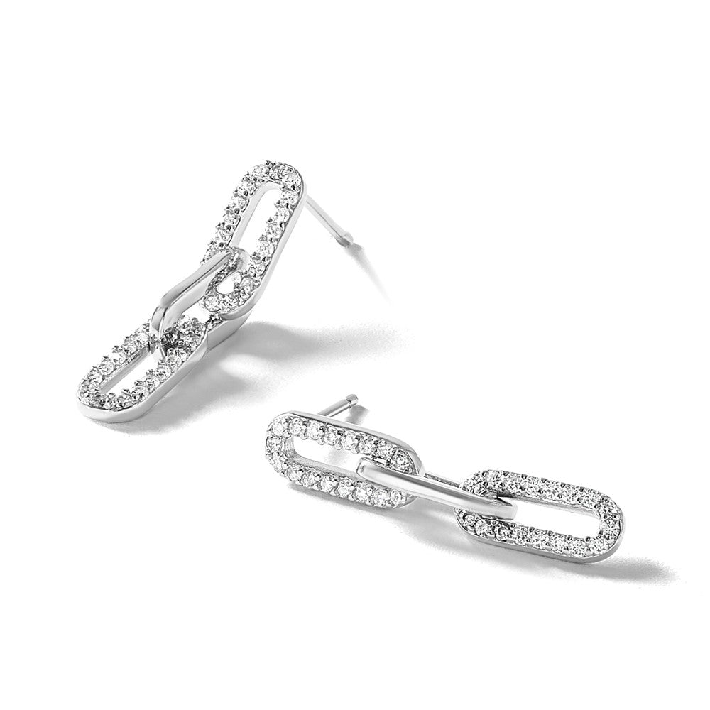 Sterling Silver Cheryl M Rhodium Plated Polished CZ Paperclip Link Post Dangle Earrings