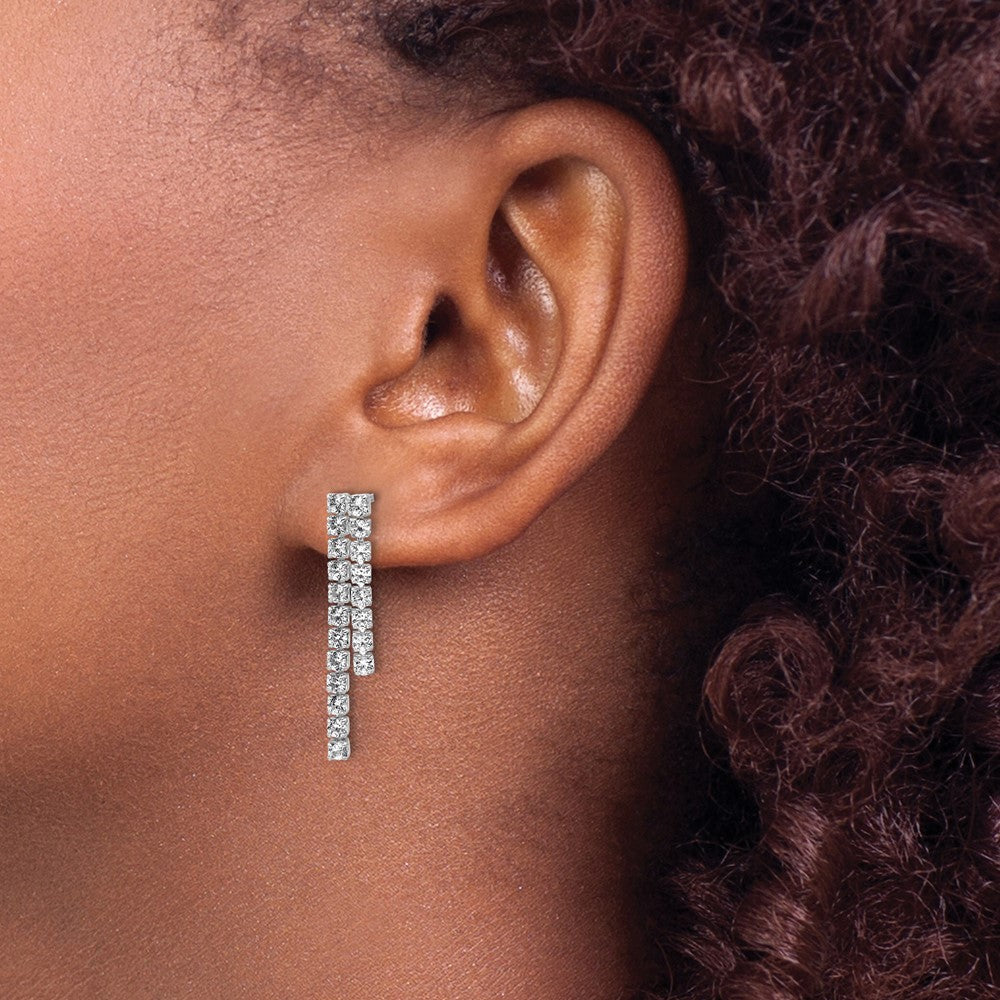Sterling Silver Cheryl M Rhodium-Plated Polished 2-Row CZ Post Dangle Earrings