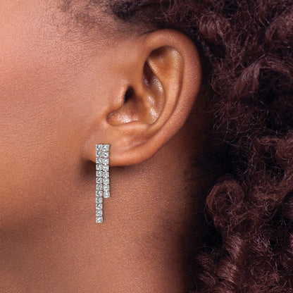 Sterling Silver Cheryl M Rhodium-Plated Polished 2-Row CZ Post Dangle Earrings