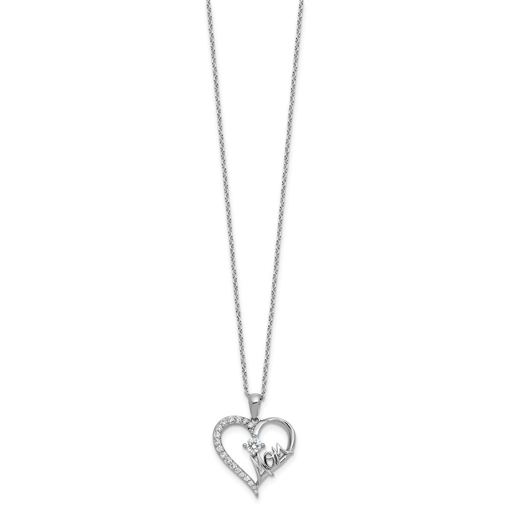 Sterling Silver Cheryl M Rhodium Plated Polished CZ Mom Heart W/ 2in Ext Necklace