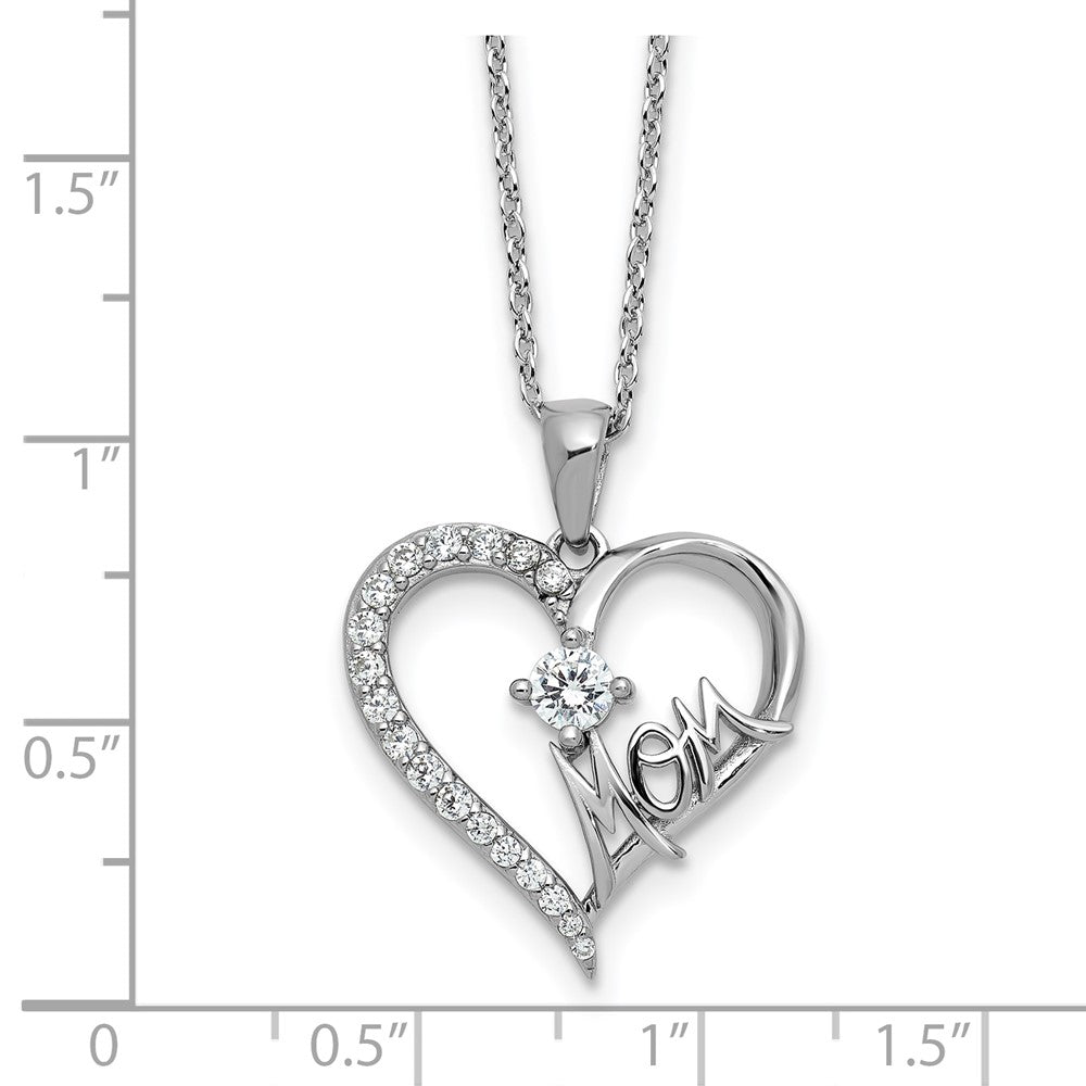 Sterling Silver Cheryl M Rhodium Plated Polished CZ Mom Heart W/ 2in Ext Necklace
