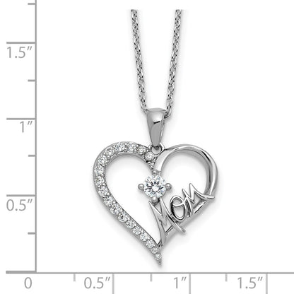 Sterling Silver Cheryl M Rhodium Plated Polished CZ Mom Heart W/ 2in Ext Necklace