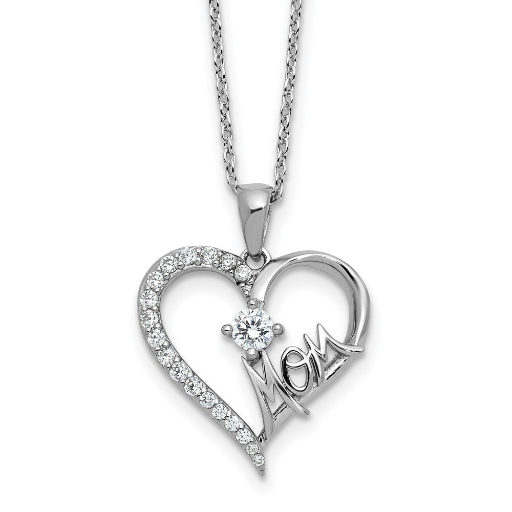 Sterling Silver Cheryl M Rhodium Plated Polished CZ Mom Heart W/ 2in Ext Necklace