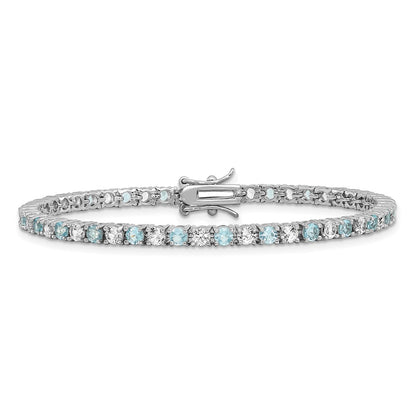 Sterling Silver Cheryl M Rhodium Plated CZ & Aqua Glass Tennis Bracelet