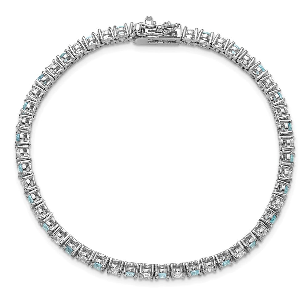 Sterling Silver Cheryl M Rhodium Plated CZ & Aqua Glass Tennis Bracelet