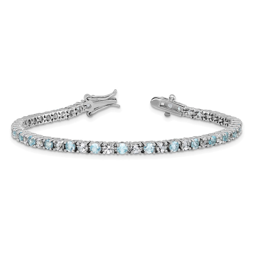 Sterling Silver Cheryl M Rhodium Plated CZ & Aqua Glass Tennis Bracelet