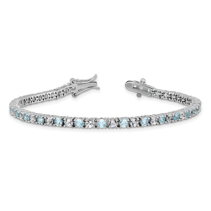 Sterling Silver Cheryl M Rhodium Plated CZ & Aqua Glass Tennis Bracelet