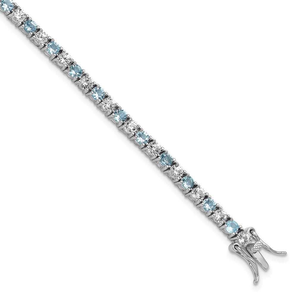 Sterling Silver Cheryl M Rhodium Plated CZ & Aqua Glass Tennis Bracelet