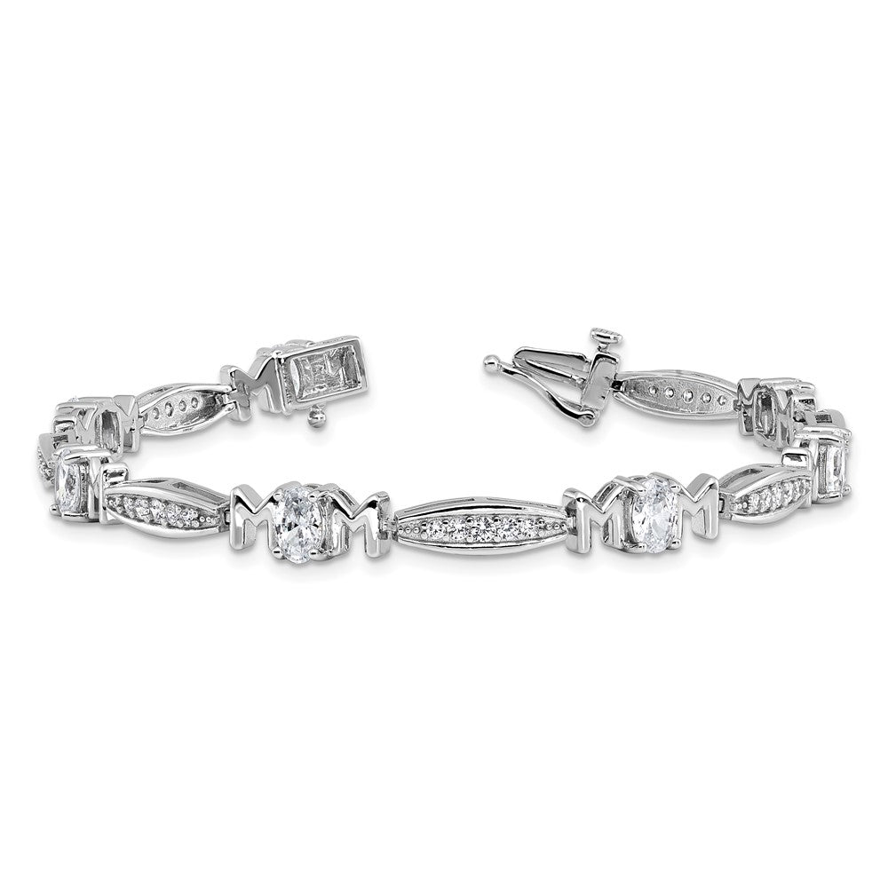Sterling Silver Cheryl M Rhodium Plated CZ Mom W/ Safety Clasp Bracelet