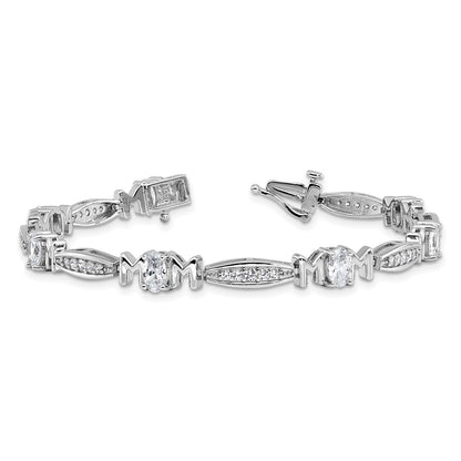 Sterling Silver Cheryl M Rhodium Plated CZ Mom W/ Safety Clasp Bracelet
